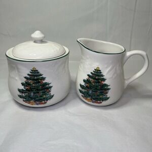 Vintage GEI CHINA Cream & Sugar Bowl With Lid Christmas Tree Pattern Kitchenware